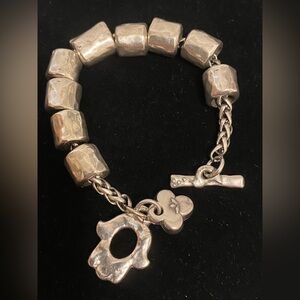 Vintage Silver-Plated Bracelet with Textured Beads & Hamsa toggle clasp; EUC